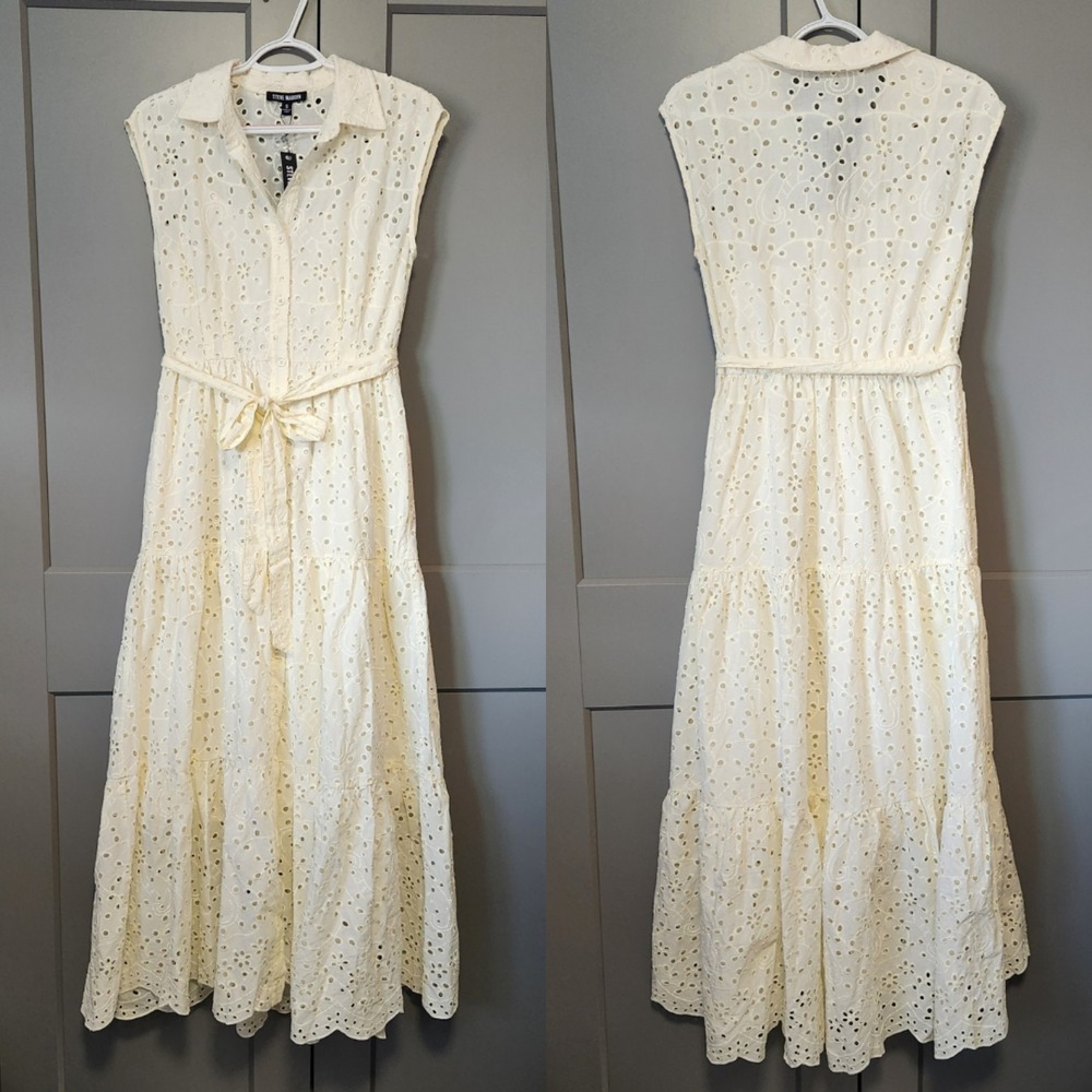 New Steve Madden Clover Eyelet Maxi Dress Marshmallow White Cotton S Small